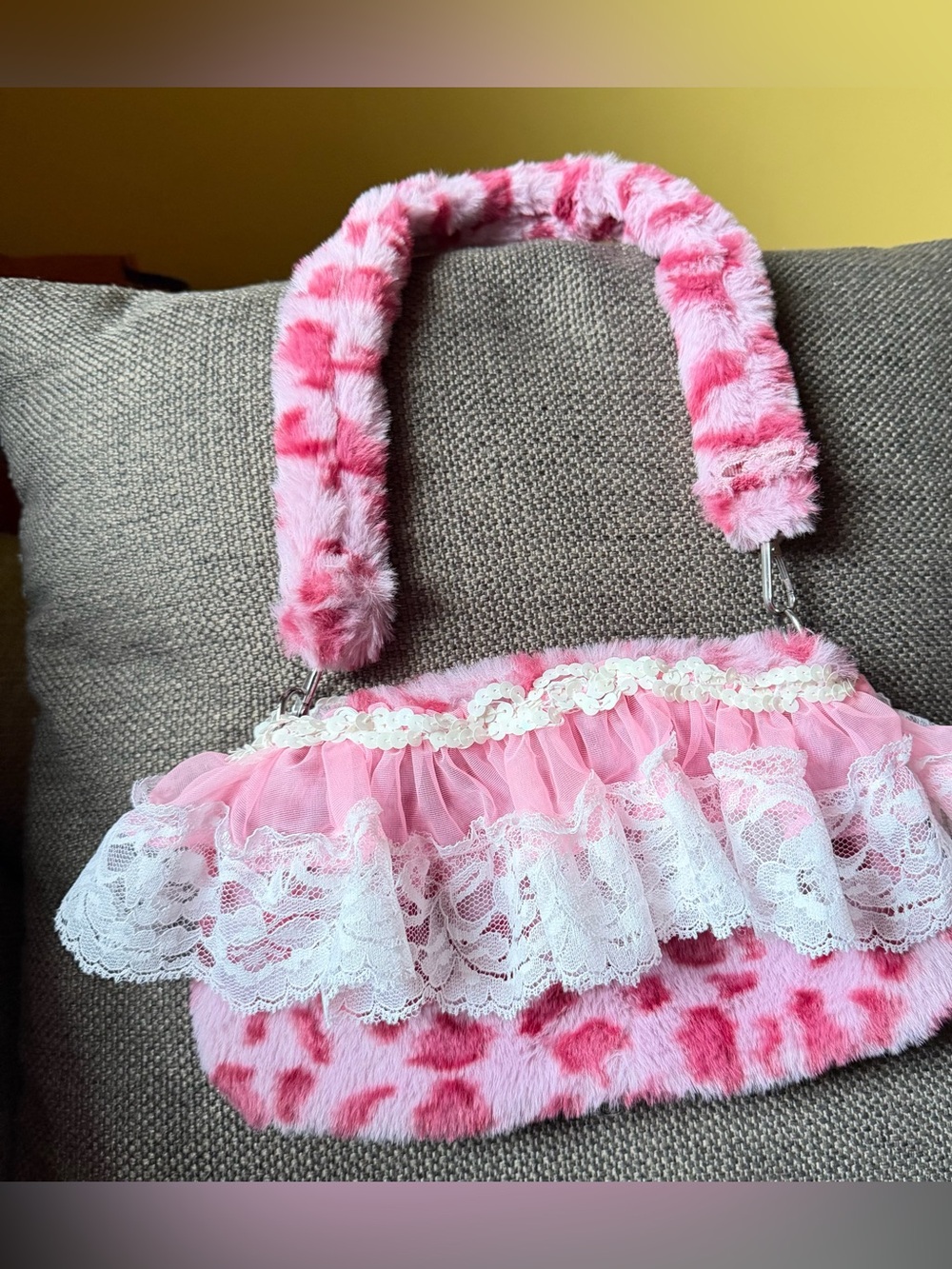 Pink Plush Lace shoulder bag katseye pinky up inspo Upcycled bag animal print - Picture 2 of 4